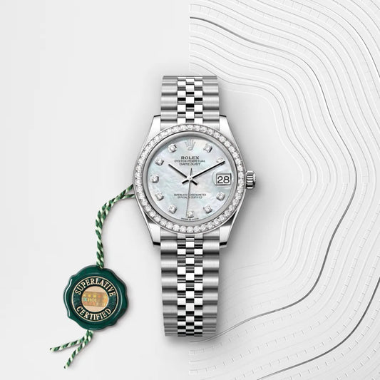 Rolex デイトジャスト 31 オイスター、31 mm、オイスタースチール&ホワイトゴールド、ダイヤモンド