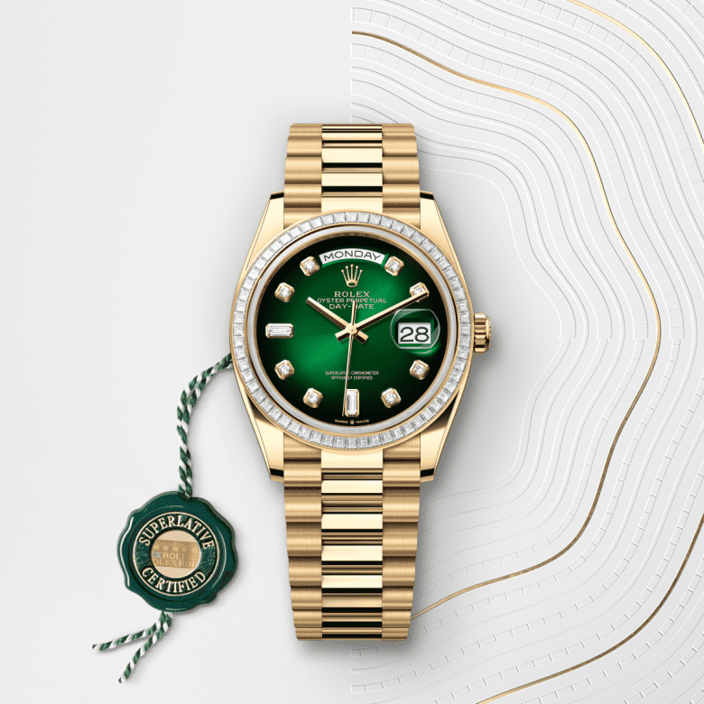 デイデイト 36 | オイスター、36 mm、イエローゴールド、ダイヤモンド  リファレンス 128398TBR-0008